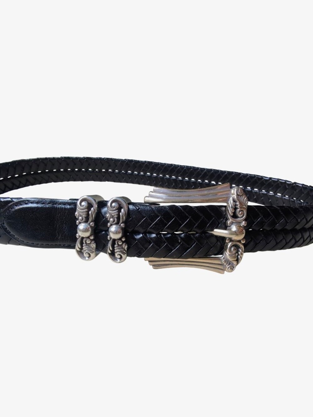 Brighton Braided Black Leather Belt Silver Buckle Floral Accents Women's Size 28
